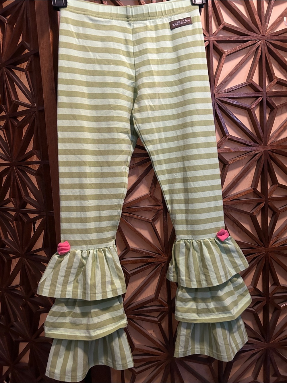 Matilda Jane Benny Light Green Cream Striped Ruffle Pants Pink Bow 8